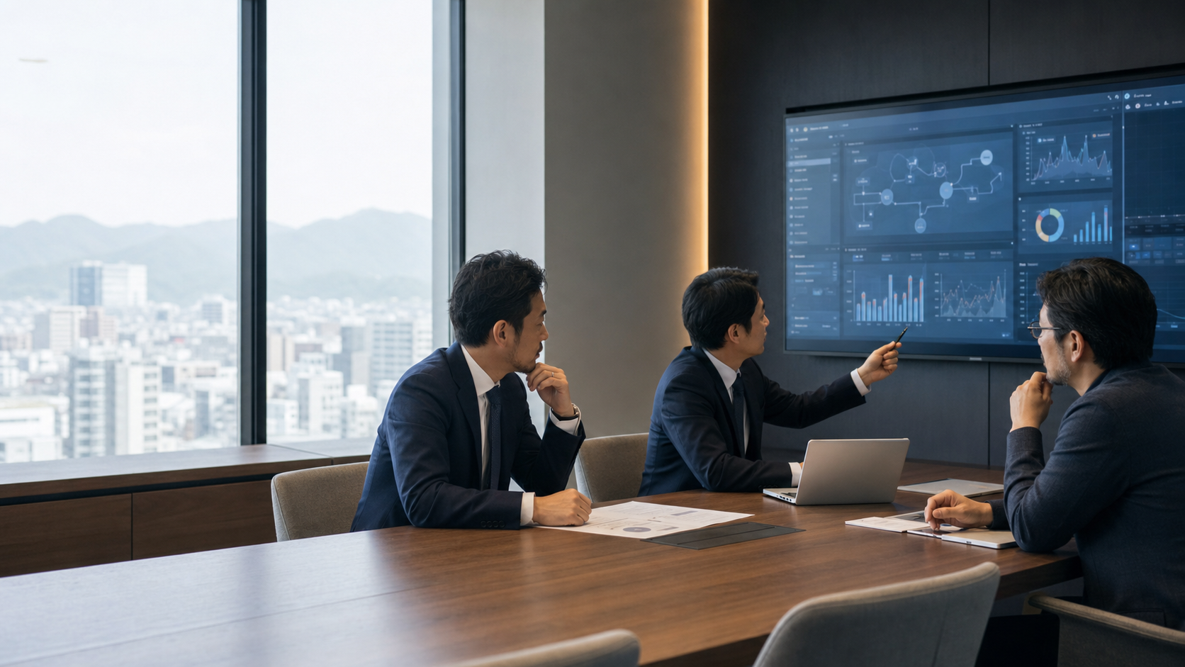 広島のSRE・DevOps支援会社M&Aについて経営者とアドバイザーが監視ダッシュボードを見ながら協議している様子を表現したアイキャッチ画像