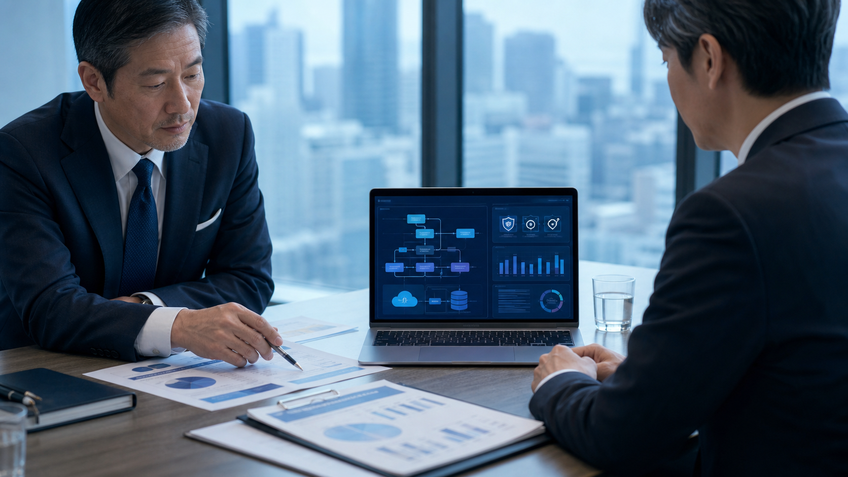 新潟のERP・基幹システム開発会社M&Aについて、経営者とアドバイザーが基幹業務の可視化資料を見ながら協議している様子を表現したアイキャッチ画像