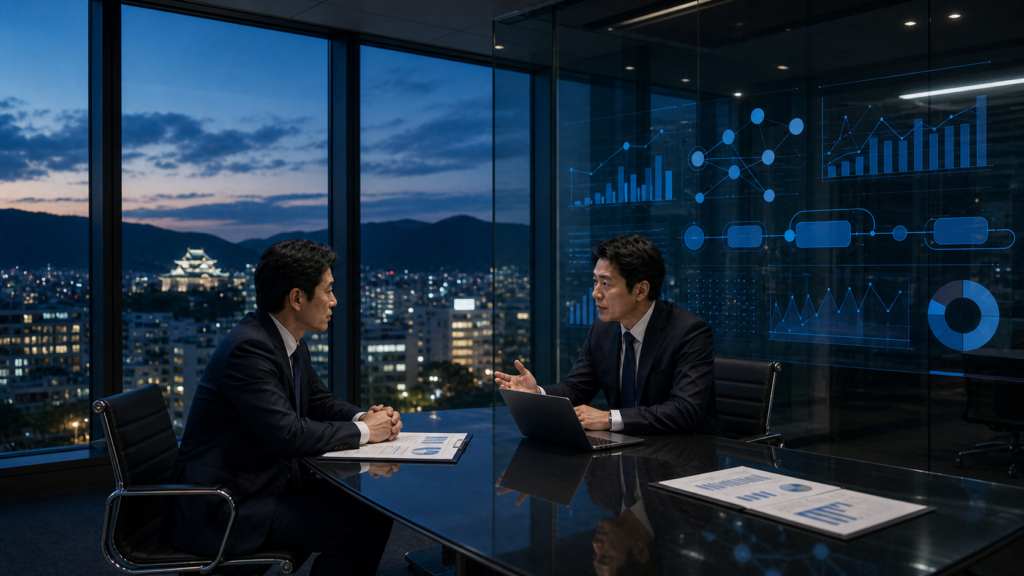 岡山のQA・テスト自動化支援会社M&Aについて、経営者とアドバイザーが会議室で品質指標と試験体制の移管を協議している様子を表現したアイキャッチ画像