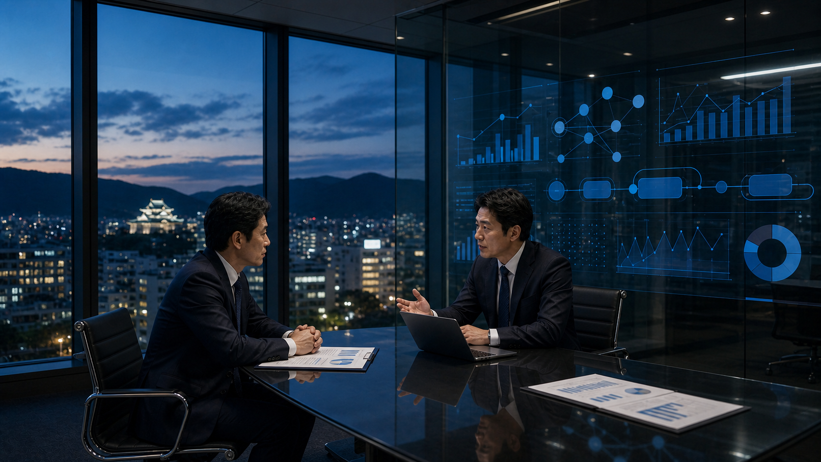 岡山のQA・テスト自動化支援会社M&Aについて、経営者とアドバイザーが会議室で品質指標と試験体制の移管を協議している様子を表現したアイキャッチ画像