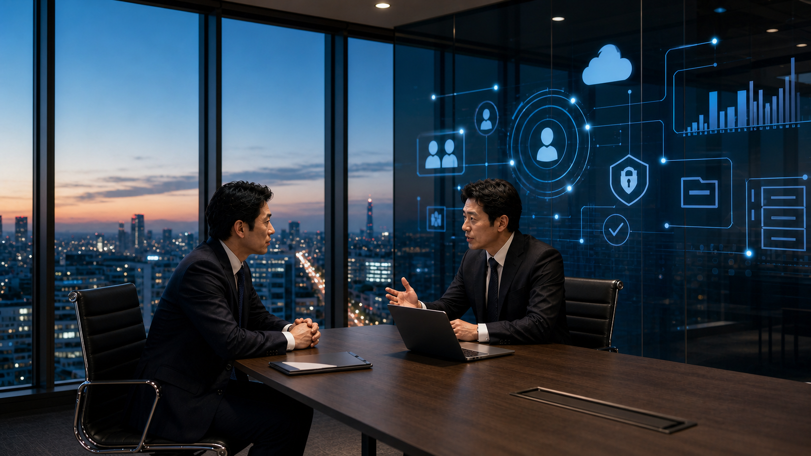 埼玉・大宮のGoogle Workspace・Microsoft 365導入運用会社M&Aに関する相談をイメージした、会議室で向き合う二人のビジネスパーソンとクラウド運用の可視化画面