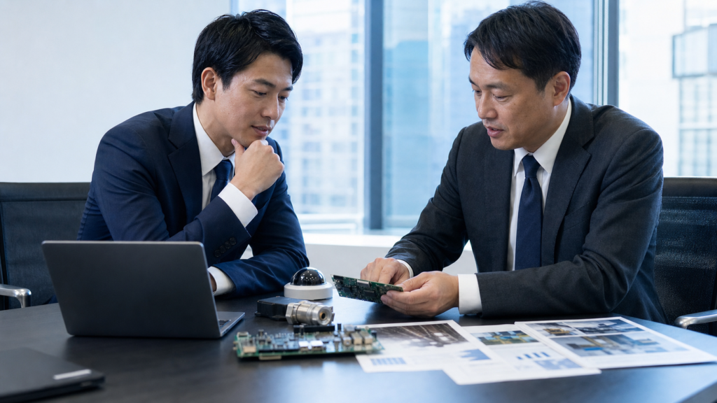 静岡の組込み・IoT開発会社M&Aについて、経営者とアドバイザーが基板と資料を見ながら協議している様子を表現したアイキャッチ画像