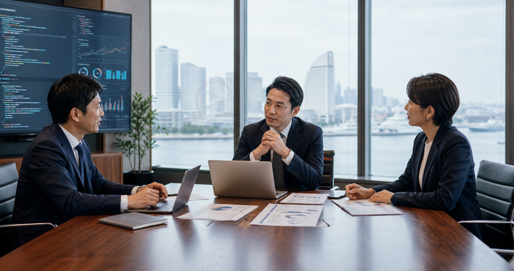 横浜の港を背景に、AI受託開発会社のM&Aに関する打合せを行う専門家と経営者を表現したアイキャッチ画像