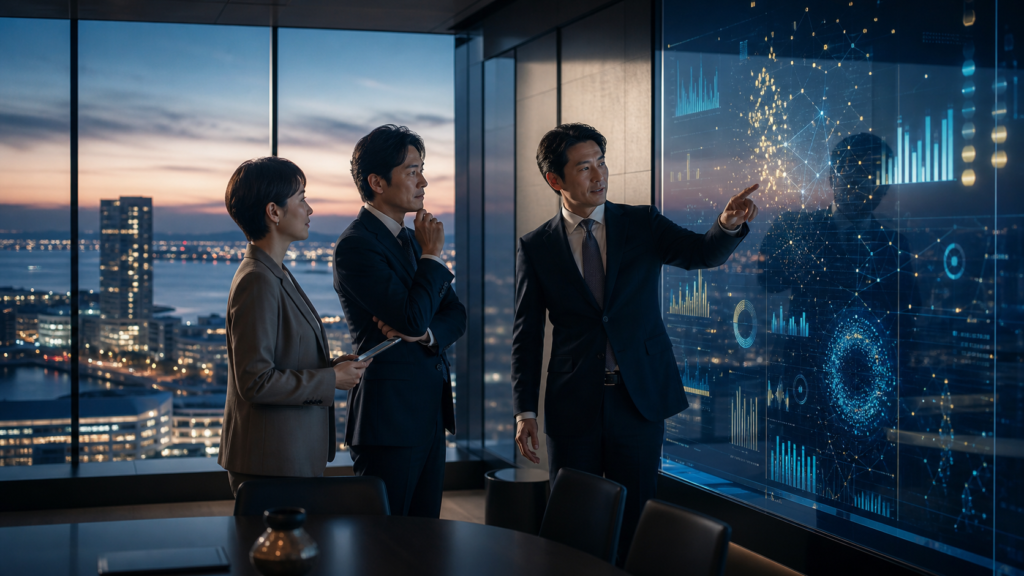 千葉のデータ基盤・BI導入支援会社M&Aをイメージした、データ連携と経営判断の可視化を表す信頼感のあるビジネスビジュアル