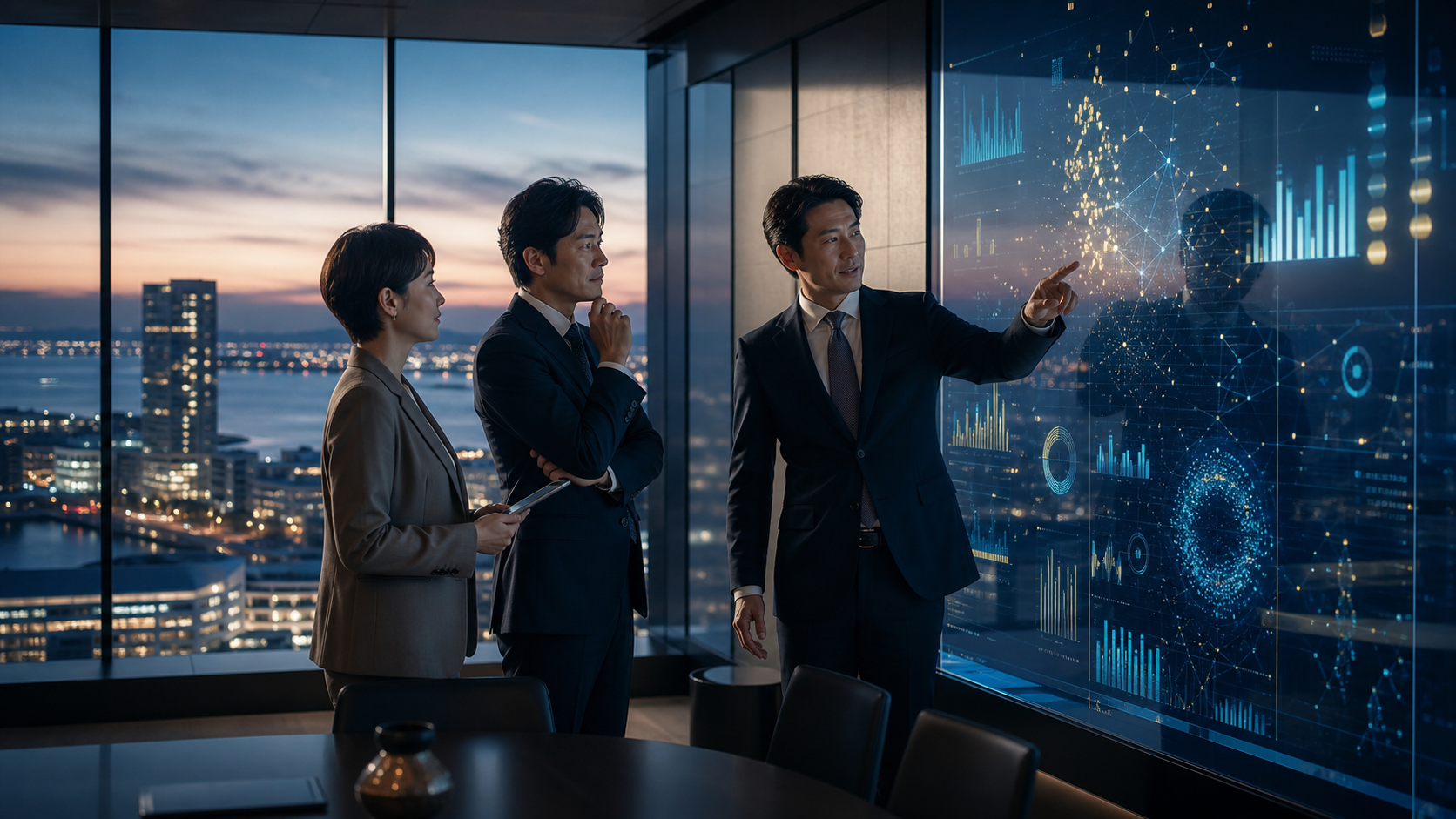 千葉のデータ基盤・BI導入支援会社M&Aをイメージした、データ連携と経営判断の可視化を表す信頼感のあるビジネスビジュアル