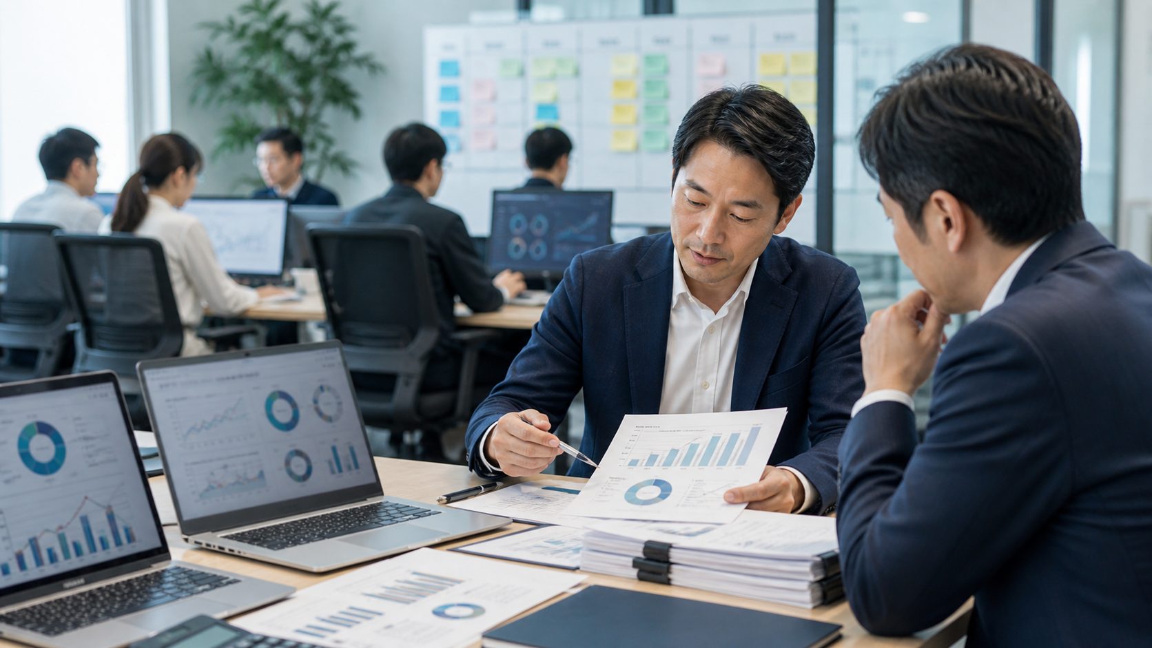 大阪のSES会社M&Aで、商流、一次請け比率、待機率、上位SIer依存の整理を進めるイメージ画像