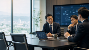 福井のRPA・バックオフィス自動化支援会社M&Aをイメージした、機密性と信頼感のある打ち合わせ風景