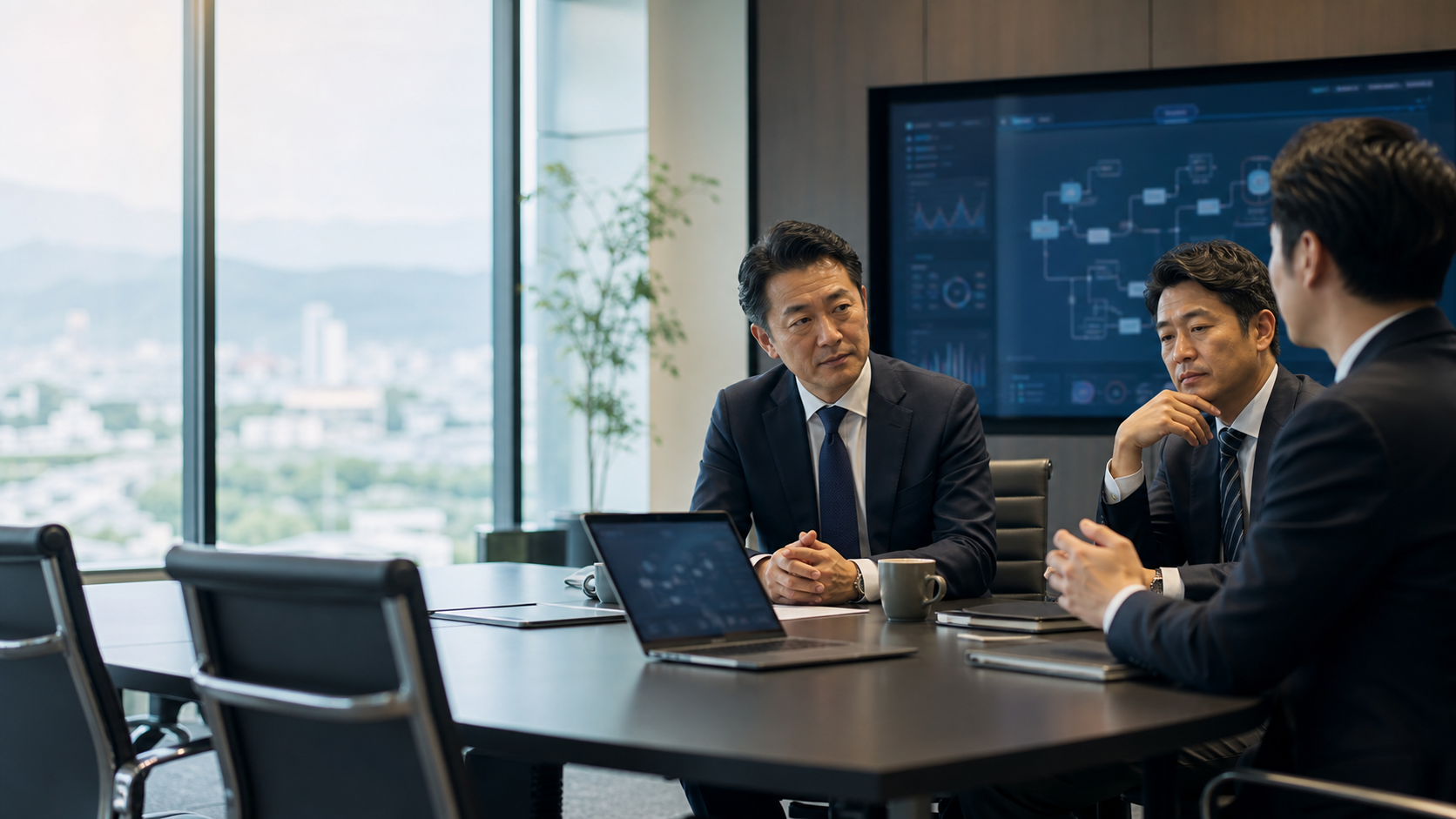 福井のRPA・バックオフィス自動化支援会社M&Aをイメージした、機密性と信頼感のある打ち合わせ風景