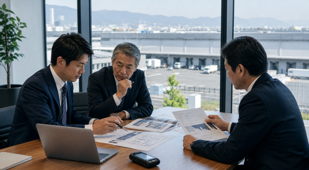 群馬の物流システム・WMS開発会社M&Aについて、物流施設を背景に経営者とアドバイザーが資料を確認している様子を表現したアイキャッチ画像