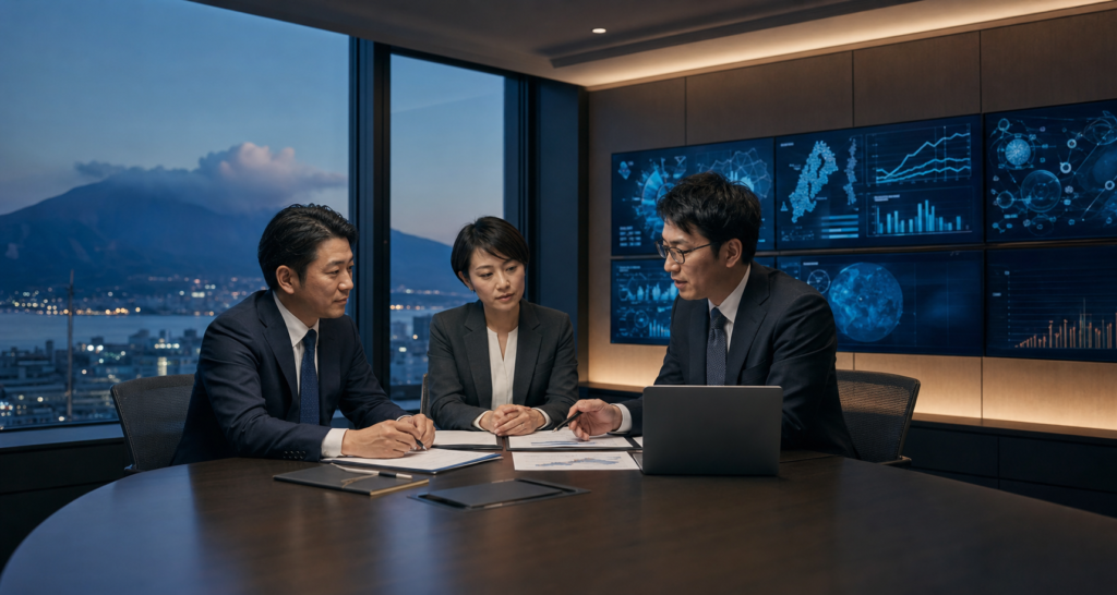鹿児島のCSIRT・セキュリティ教育支援会社M&Aをテーマに、譲渡企業の経営者とセキュリティ専門家が慎重に引継ぎ方針を確認している様子を表したアイキャッチ画像