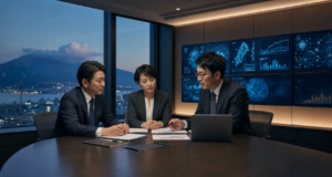 鹿児島のCSIRT・セキュリティ教育支援会社M&Aをテーマに、譲渡企業の経営者とセキュリティ専門家が慎重に引継ぎ方針を確認している様子を表したアイキャッチ画像