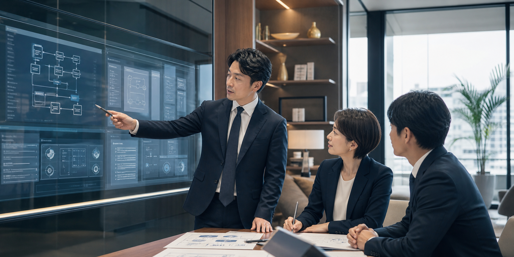 川崎のローコード・内製化支援受託開発会社M&Aをイメージした、信頼感のあるIT企業の打ち合わせ風景
