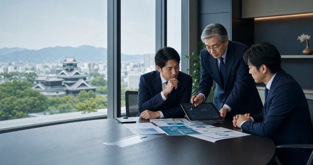 熊本の医療機関向けシステム開発・電子カルテ連携会社M&Aについて、病院向けシステムの保守責任や情報管理を経営者とアドバイザーが確認している様子を表現したアイキャッチ画像