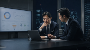 奈良のHubSpot・マーケティングオートメーション運用支援会社M&Aを検討する経営者とアドバイザーが会議室で計測画面を確認している様子