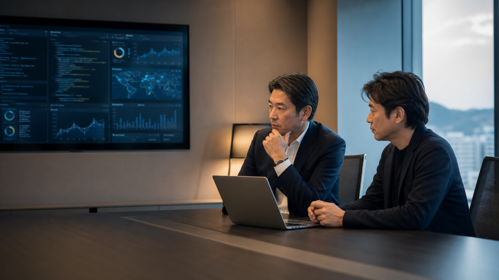 大分の受託開発・保守運用会社M&Aに向けて、複数の画面を見ながら保守契約と運用体制を確認する様子を表現したアイキャッチ画像