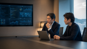 大分の受託開発・保守運用会社M&Aに向けて、複数の画面を見ながら保守契約と運用体制を確認する様子を表現したアイキャッチ画像