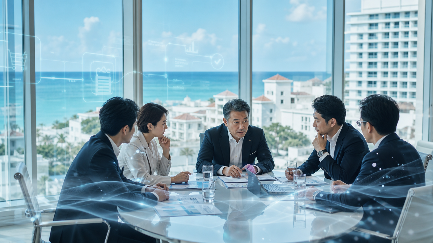沖縄の海辺を望む会議室で、観光・宿泊向けWeb受託開発会社のM&Aについて資料確認を行う経営陣とアドバイザーを表現したアイキャッチ画像