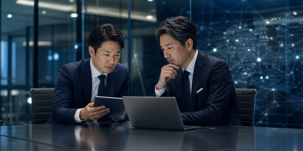 徳島の決済システム・FinTech開発会社M&Aに向けて、ノートPCとタブレットを見ながら運用統制と安全なデータ連携を確認する様子を表現したアイキャッチ画像
