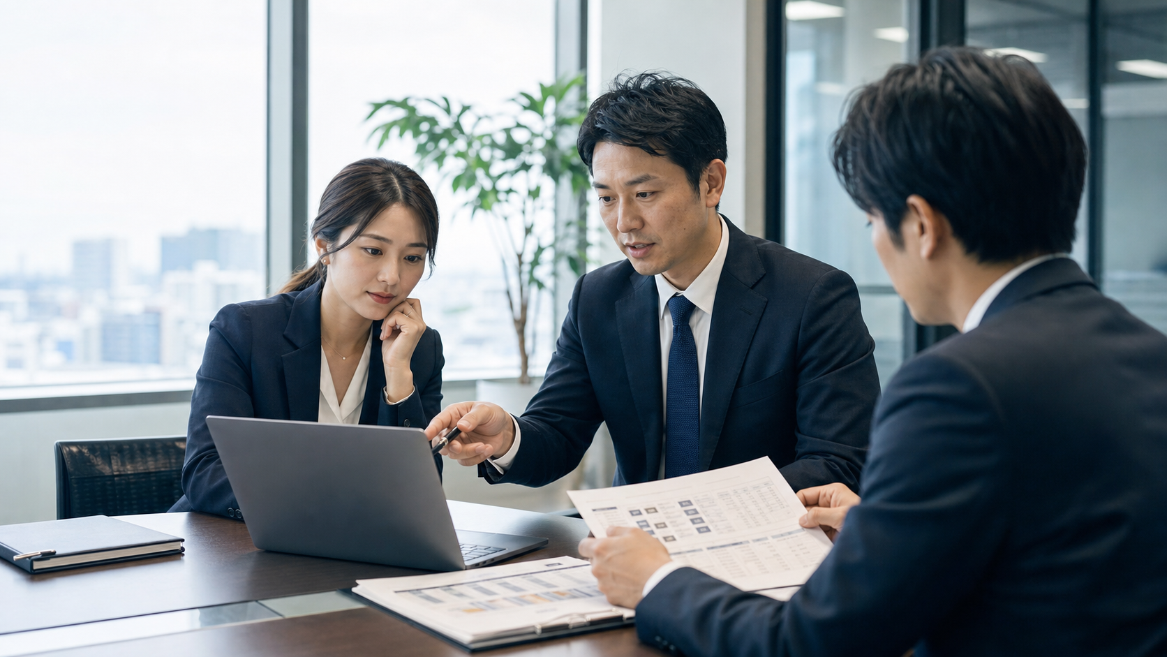 和歌山の情シス代行・IT資産管理支援会社M&Aに向けて、ノートPCと資料を前に運用引継ぎを検討する日本のビジネス担当者を描いたアイキャッチ画像