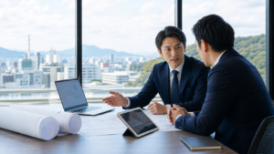 山口の建設DX・施工管理SaaS会社M&Aに向けて、現場定着率や図面データ権限、協力会社アカウントの整理を検討する日本のビジネスイメージ